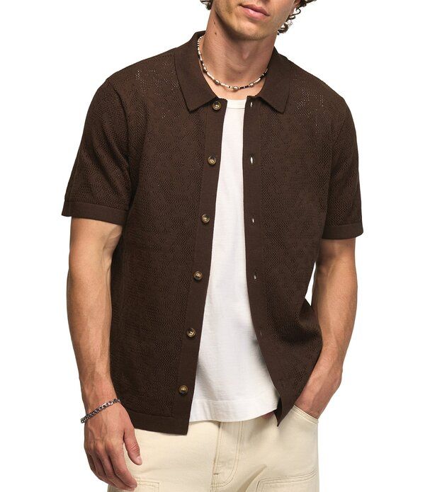ラッキーブランド メンズ アウター ニット・セーター レース Lucky Brand Intarsia Lace Short Sleeve Sweater Hot Fudge