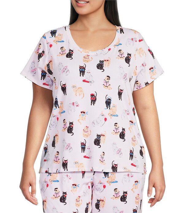 スリープ センス レディース トップス カットソー クルーネック プラスサイズ プリント Sleep Sense Plusize Fancy Cats Print Short Sleeve Crew