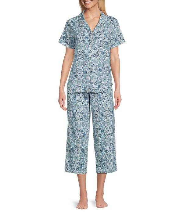 カベルネ レディース アンダーウェア ナイトウェア プリント ニット Cabernet Knitile Print Short Sleeve Notch Collar Pant Pajama Set