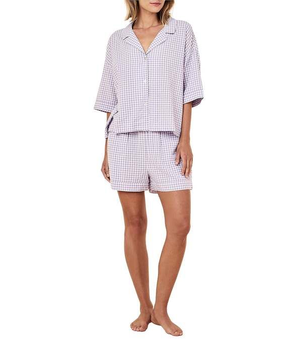 パピネール レディース アンダーウェア ナイトウェア ギンガムチェック ギンガム Papinelle Seersucker Gingham 34 Sleeve Notch Collar Shorty