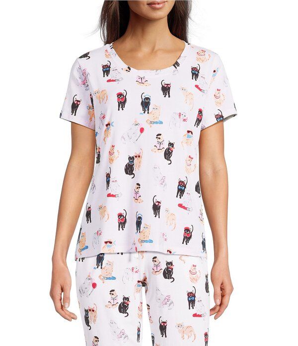 スリープ センス レディース トップス カットソー クルーネック プリント Sleep Sense Fancy Cats Print Short Sleeve Crew Neck Coordinati