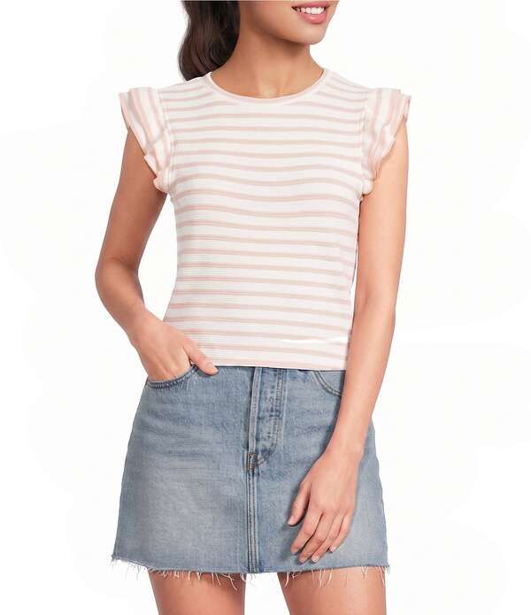 モアモア レディース トップス Tシャツ クルーネック Moa Striped Short Flutter Short Sleeve Crew Neck Top Off WhiteEnglish Ro