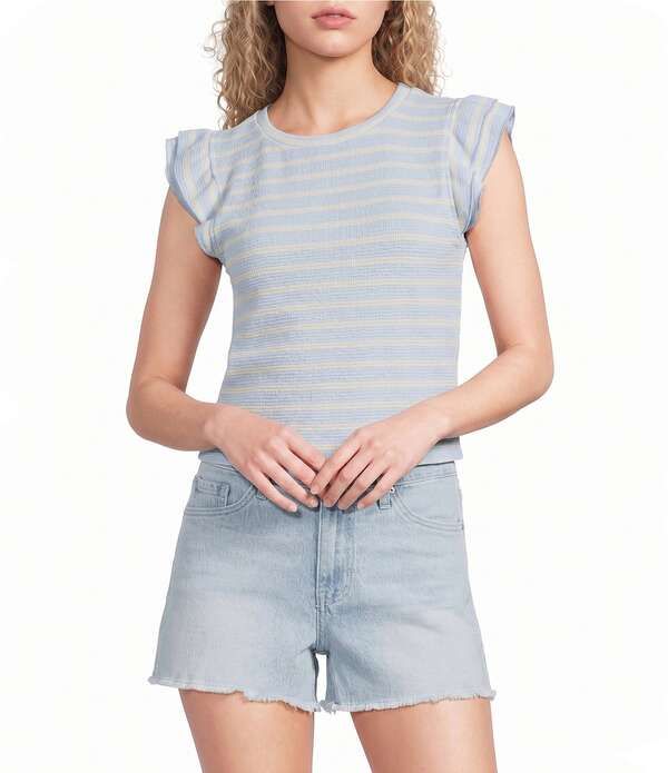 モアモア レディース トップス Tシャツ クルーネック Moa Striped Short Flutter Short Sleeve Crew Neck Top Light BlueVanilla ブ