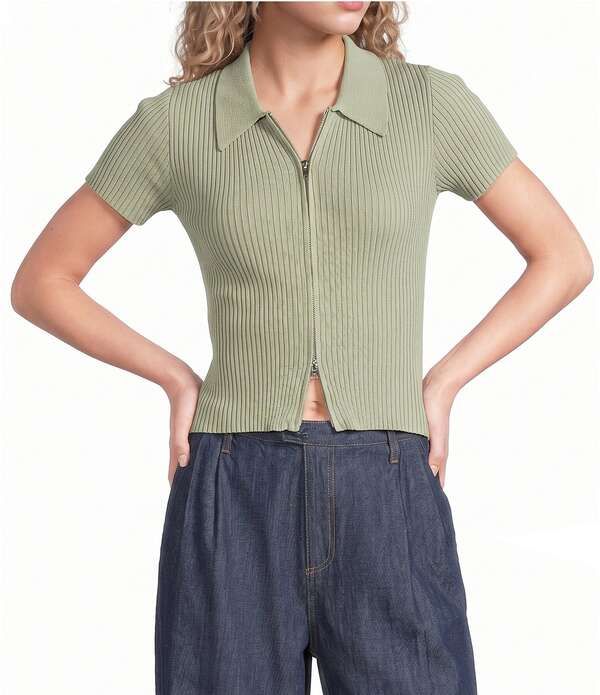 ブルーペッペーブルーペッパー レディース トップス シャツ ニット Blu Pepper Knit Colla red Short Sleeve Front Zip Top Light Olive オ