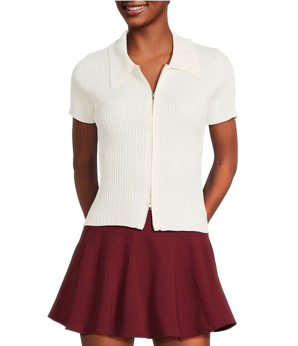 ブルーペッペーブルーペッパー レディース トップス シャツ ニット Blu Pepper Knit Colla red Short Sleeve Front Zip Top White ホワイト