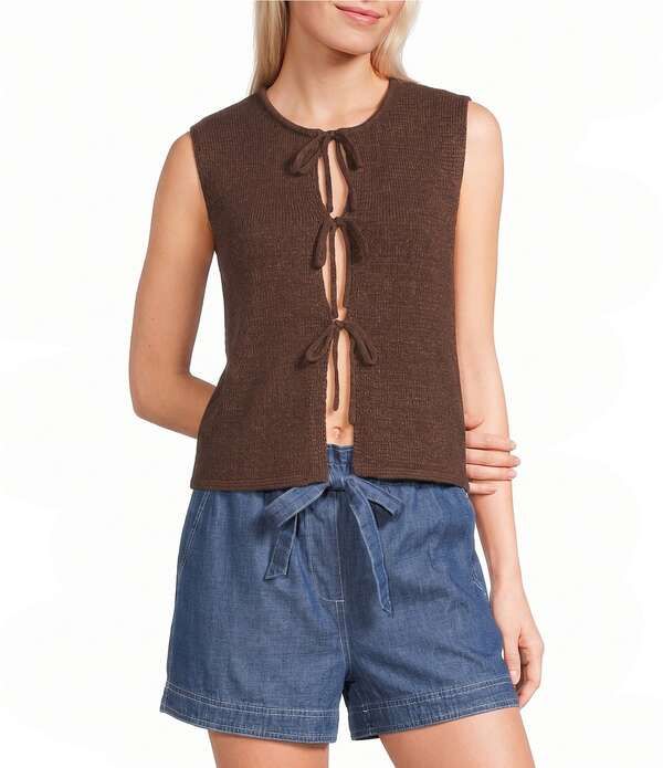ブルーペッペーブルーペッパー レディース トップス シャツ ノースリーブ カーディガン ニット Blu Pepper Tie Front Sleeveless Knit Cardigan Brown