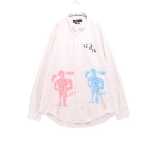 【中古B】メンズ XL 90s ポロ ラルフローレン マザーモチーフ グラフィック ボタンダウンシャツ ホワイト POLO RALPH LAUREN