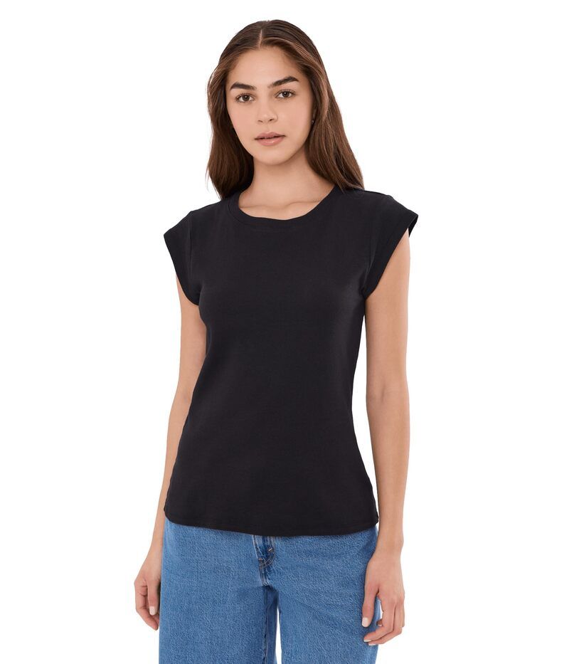 モッドドック レディース トップス シャツ クルーネック キャップ Mododocap Sleeve Open Crew Neck Tee Black ブラック