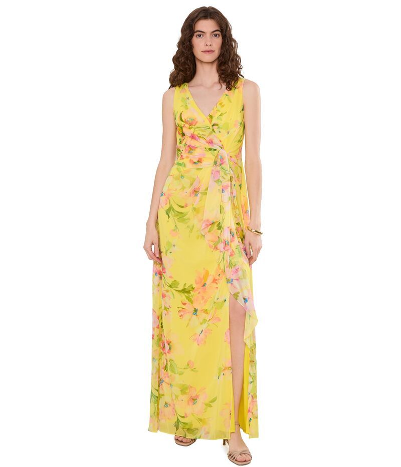 アドリアナ パペル レディース トップス ワンピース シフォン フラワー柄 ドレープ フラワー Adrianna Papell Draped Floral Chiffon Gown Yellow Mu