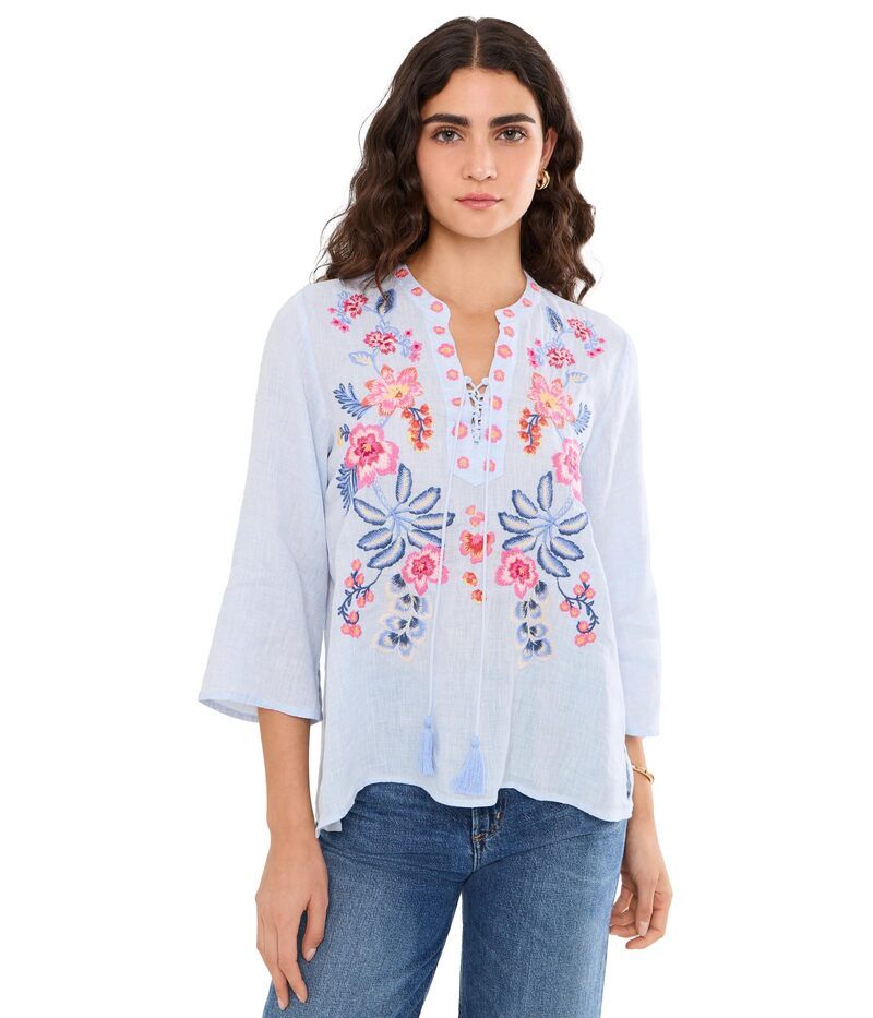 ジョニーワズ レディース トップス シャツ ブラウス Johnny Was Tie Front Blouse Lirielle Blue Slub Linen ブルー