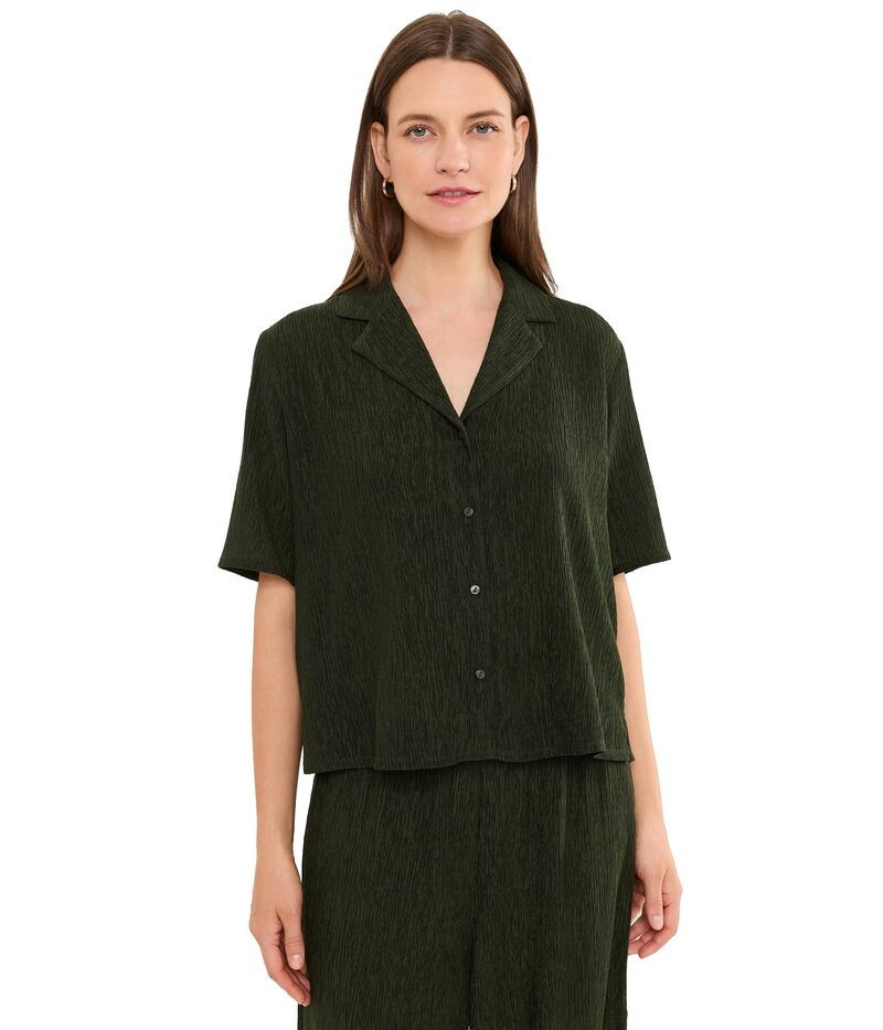 エイリーンフィッシャー レディース トップス シャツ Eileen Fisher Woven Plisse Notch Collar Shirt Seaweed