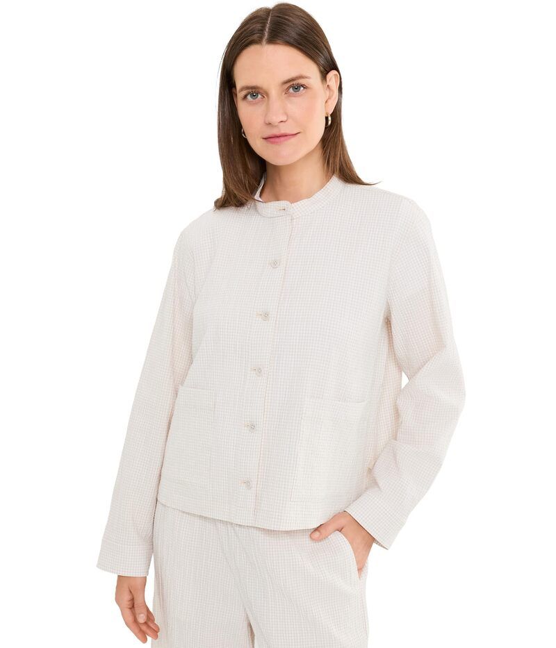 エイリーンフィッシャー レディース アウター コート コットン ジャケット Eileen Fisher Organicotton Pucker Check Mandarin Collar Jacket
