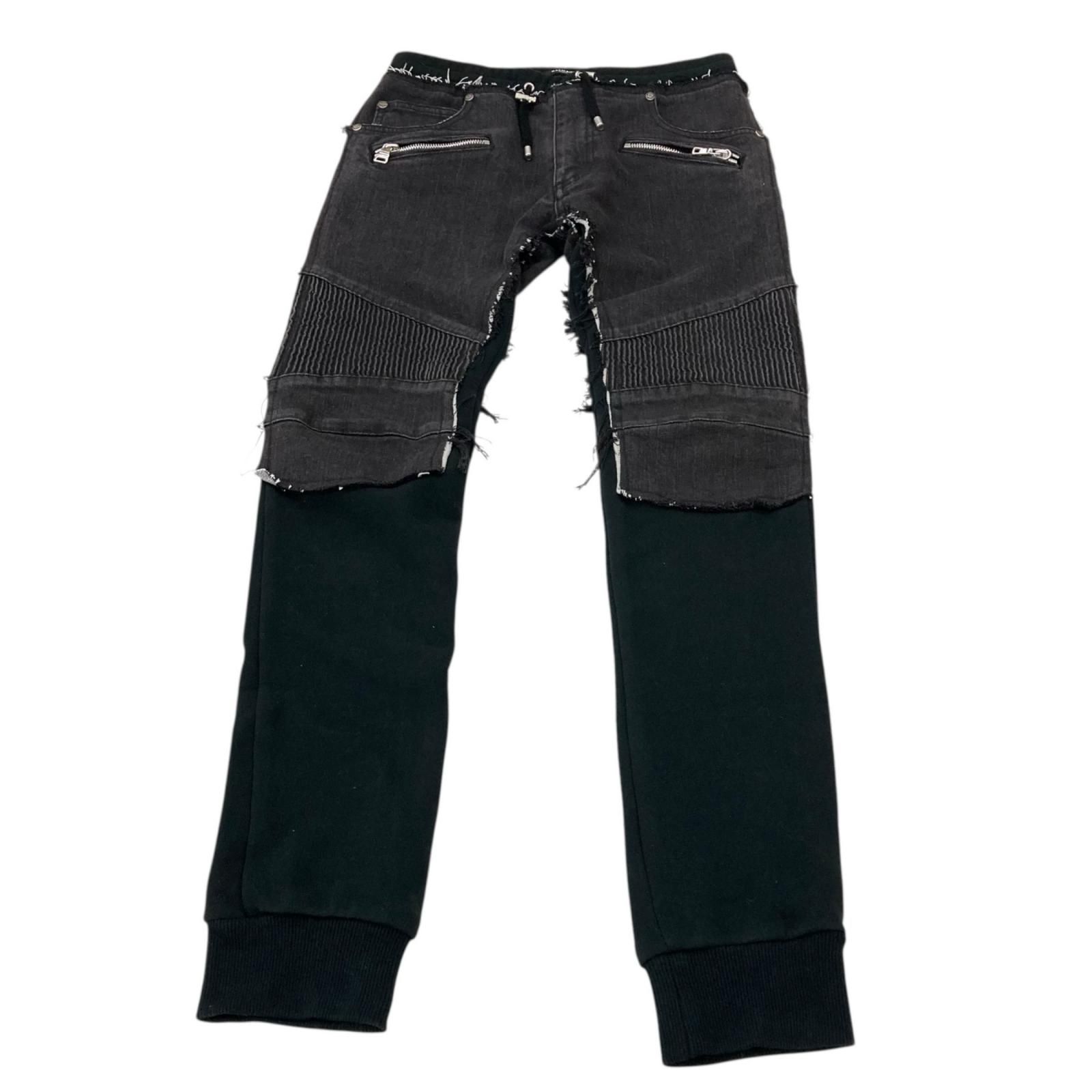 186005 BALMAIN バルマン MIX FLEECE DENIM デニムパッチ スウェット バイカーパンツ 蛇腹 46