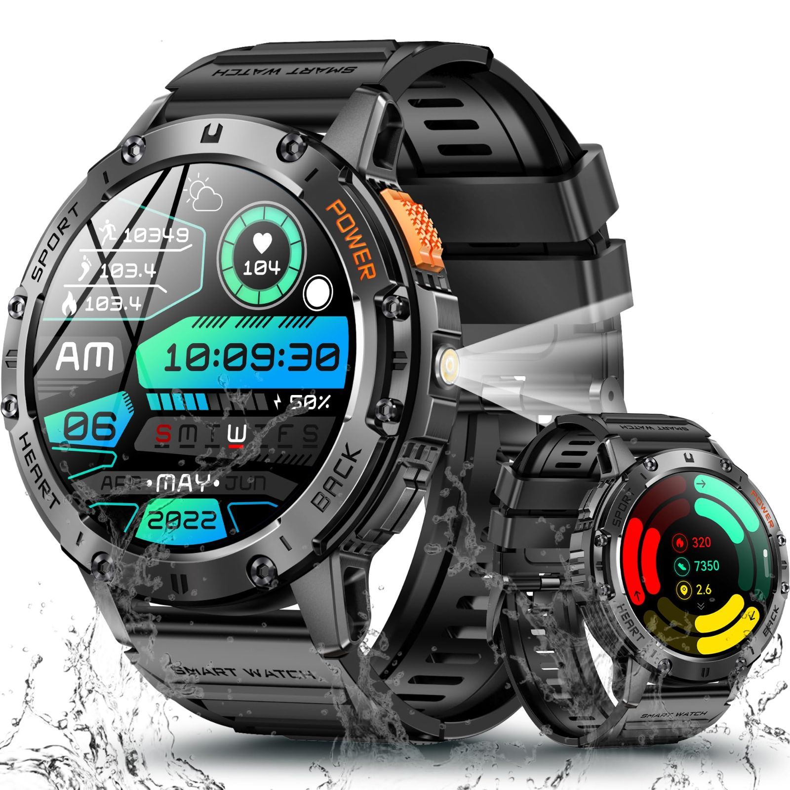 【在庫処分】watch スポーツウォッチ Smart 100+種類運動モード 文字盤自由設定 腕時計 音声アシスタント 音楽再生 天気予報 メッセージ通知 アンドロイド対応 iphone対応 メンズ 530mAh長持ちバッテリー 通話機能付き 懐中電灯付き レ