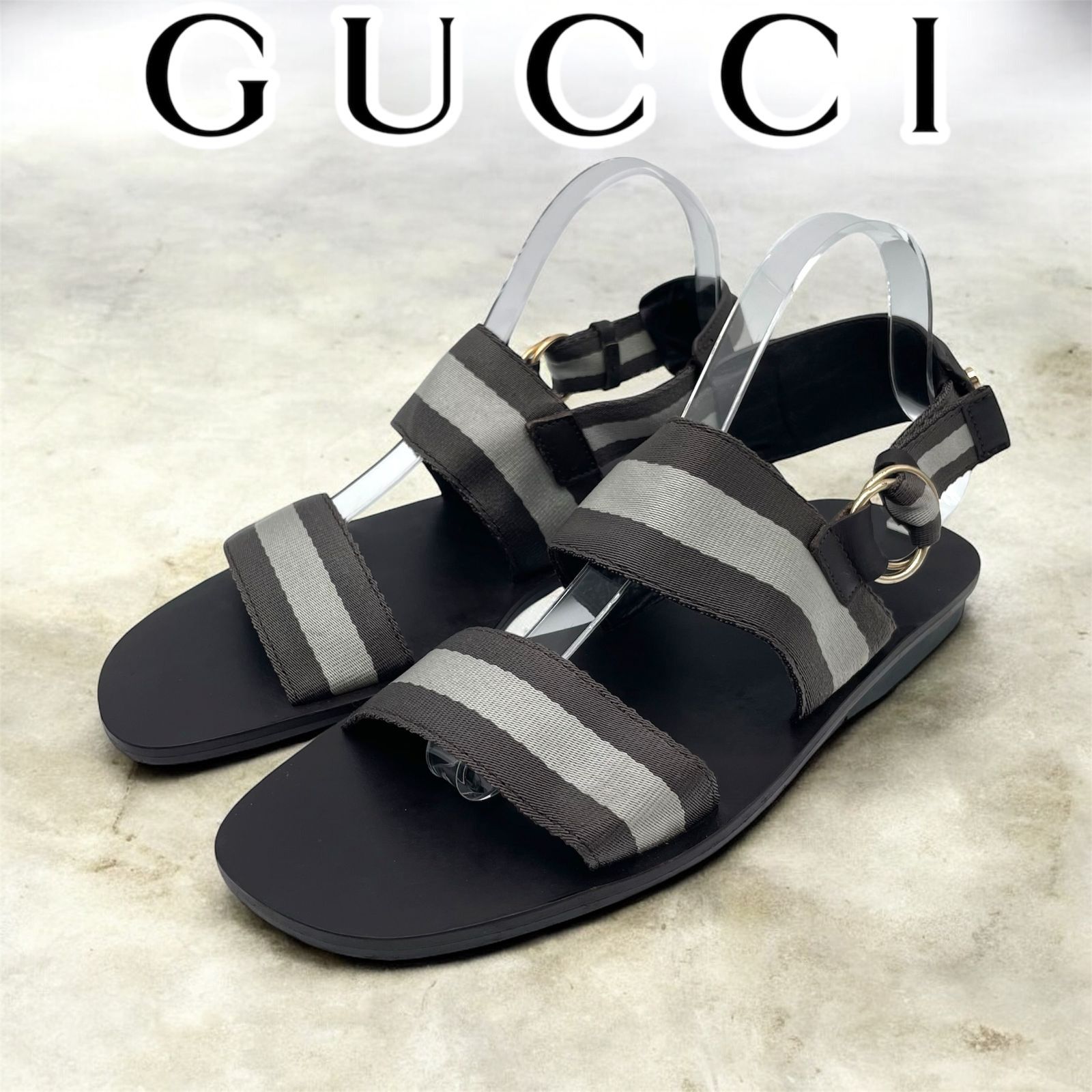 GUCCI　グッチ　サンダル　116 1099　ストライプ　41　26cm　ブラウン　シェリーライン　メンズ　バックストラップ