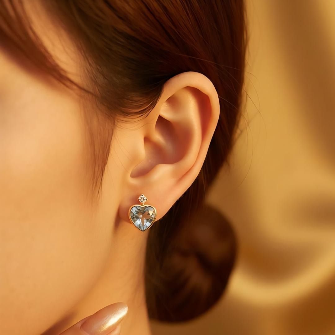 圧倒的な透明感 計4ct 大粒 ブルートパーズ ダイヤ K18 ハート ピアス