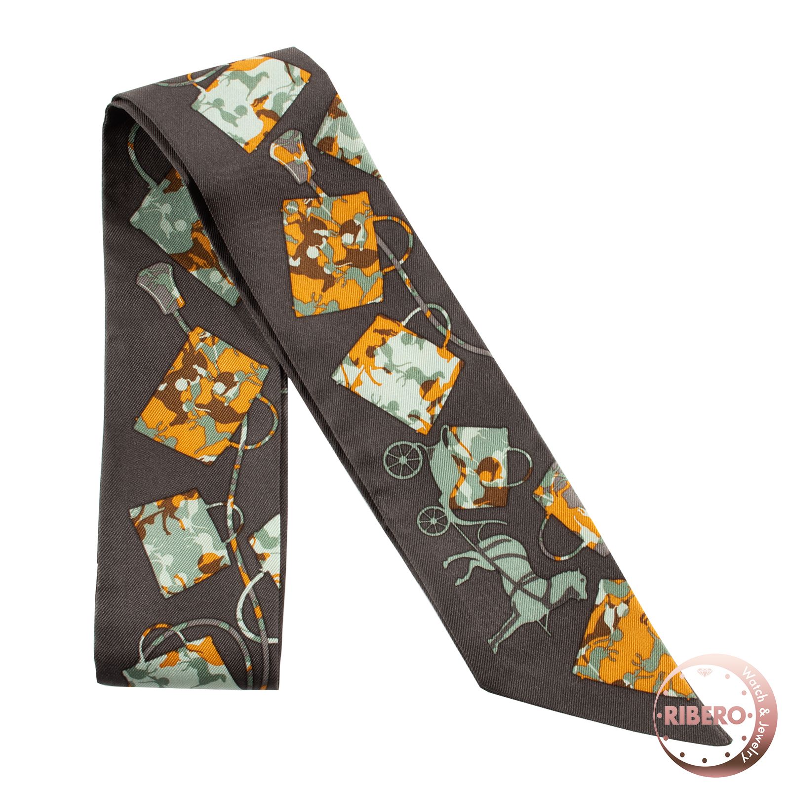 HERMES エルメス ツイリー Kelly en Caleche ケリーの馬車 062418S 03 スカーフ シルク グレー オレンジ【中古】