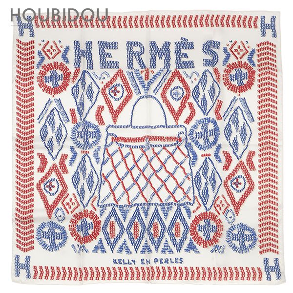 エルメス HERMES スカーフ カレ70 シルク ホワイト×ブルー×フランボワーズ 【KELLY EN PERLES/ケリーアンペルル 】 【箱】【中古】