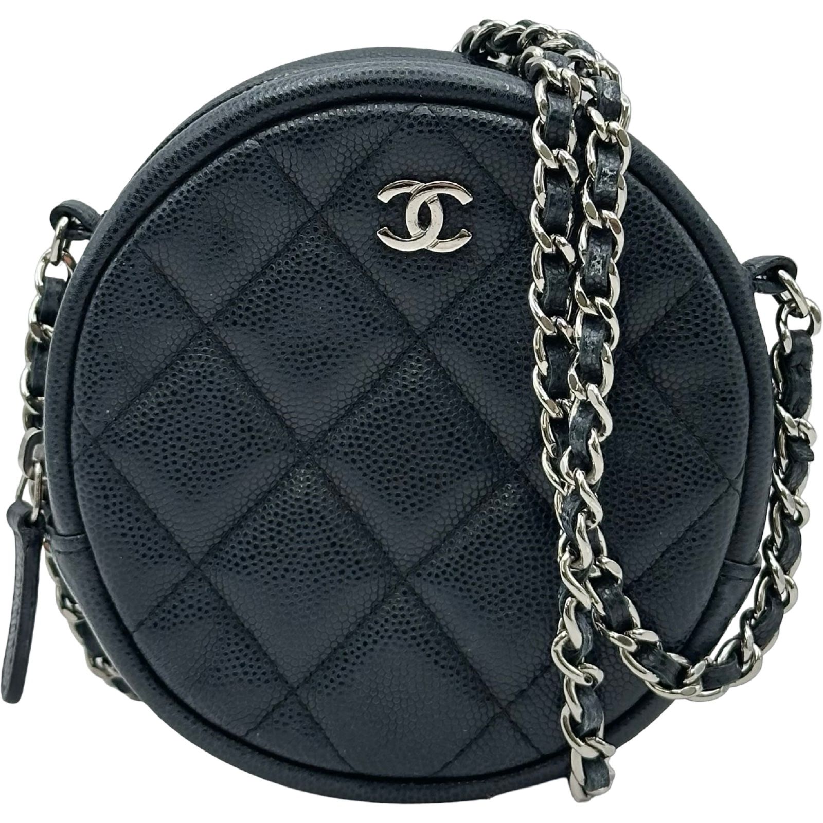 シャネル CHANEL マトラッセラウンドチェーンショルダー A70657 26番台 ネイビー シルバー金具 キャビアスキン レディース ショルダーバッグ