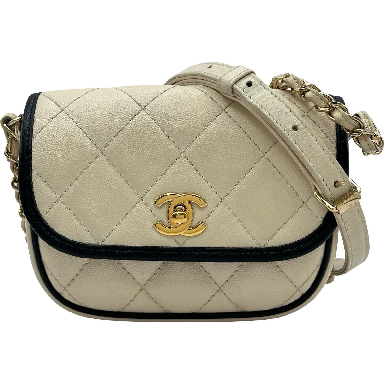 シャネル CHANEL マトラッセ ミニフラップショルダー 31番台 アイボリー/ブラック ゴールド金具 キャビアスキン レディース ショルダーバッグ