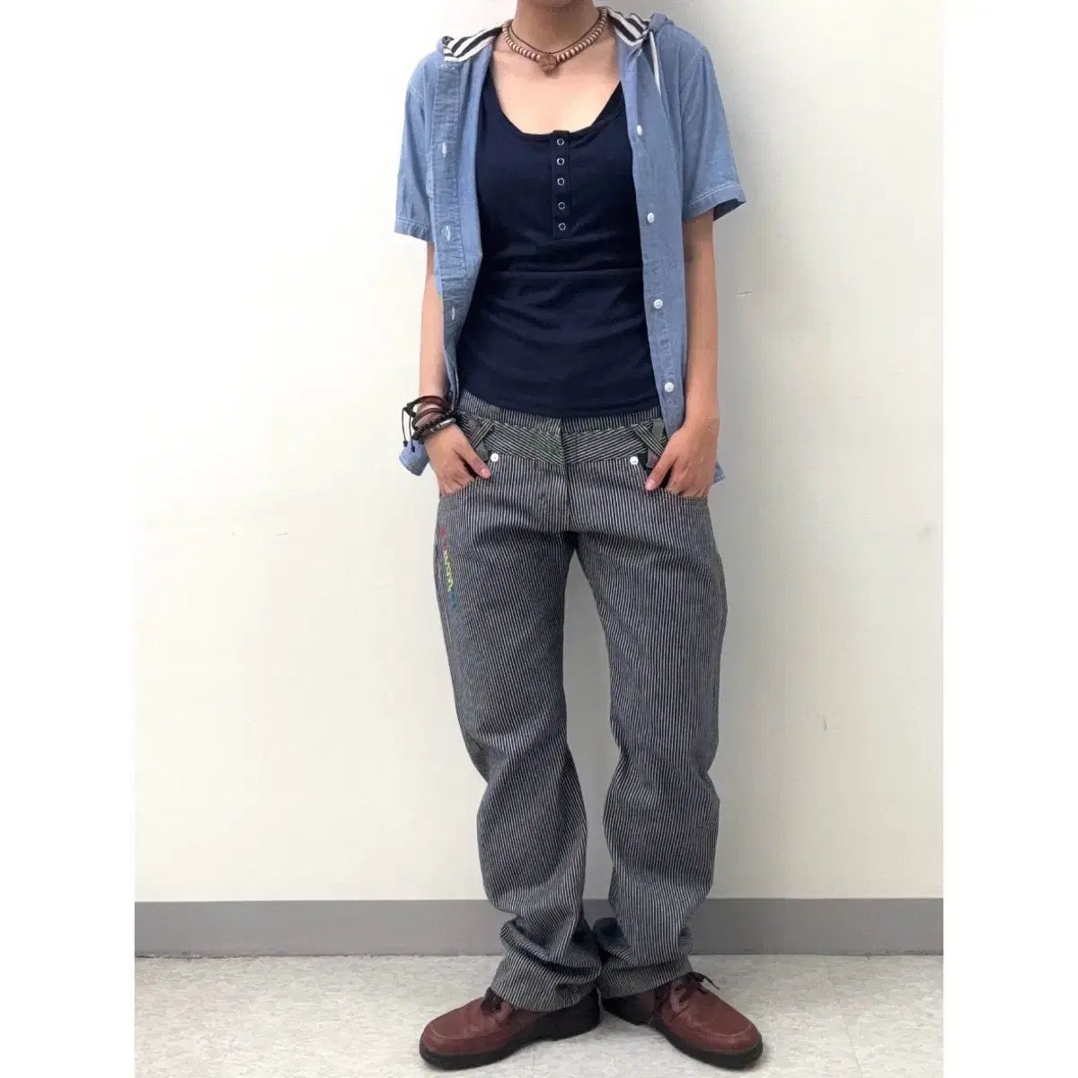 日本 ヴィンテージ Kitsch ストライプ ローライズ コットン パンツ
