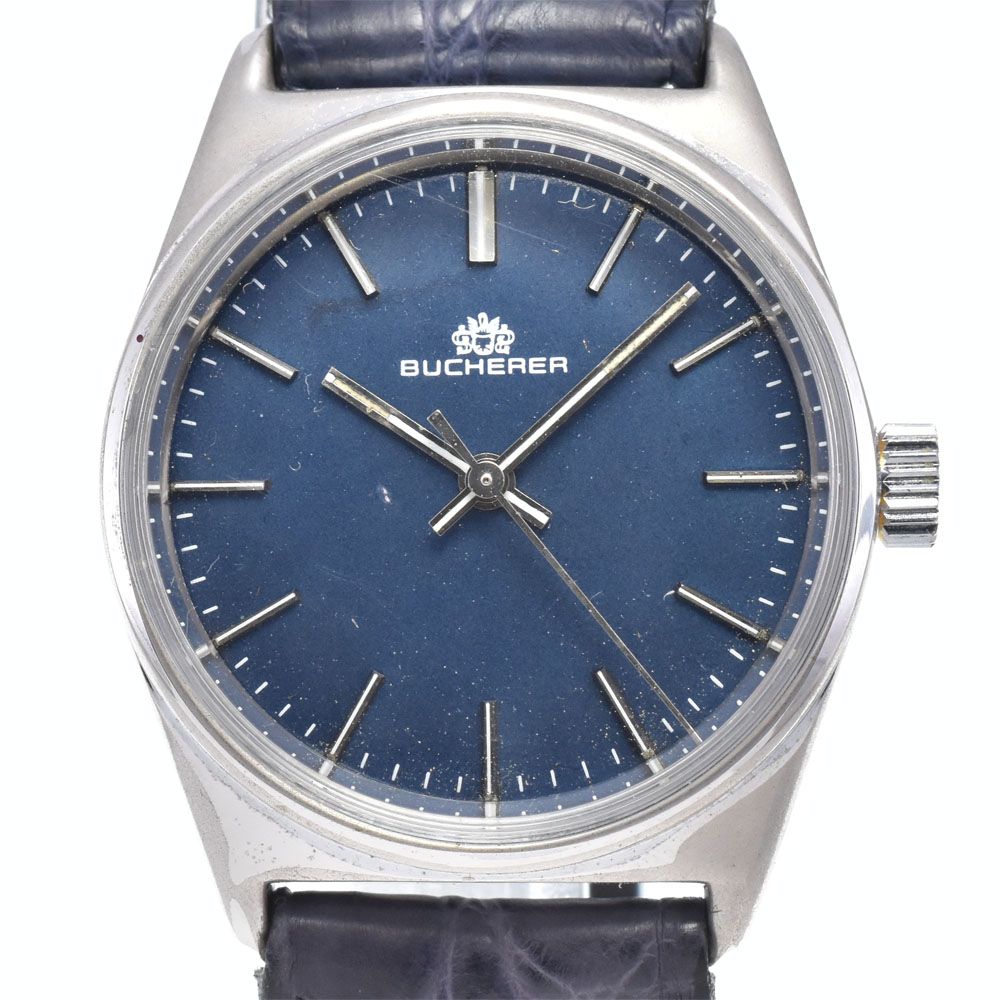 ブヘラ BUCHERER ヴィンテージ SS/レザー ブルー 手巻き ユニセックス 良品 腕時計 Y#146320