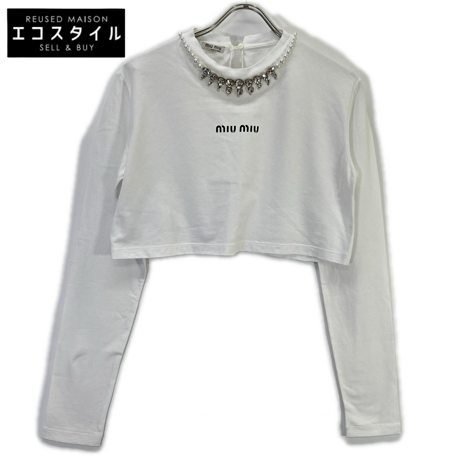 MIUMIU　ミュウミュウ　ホワイト 21年 MJL783 パール×クリスタルビジュー付き ロゴ クロップド丈長袖Tシャツ　XS