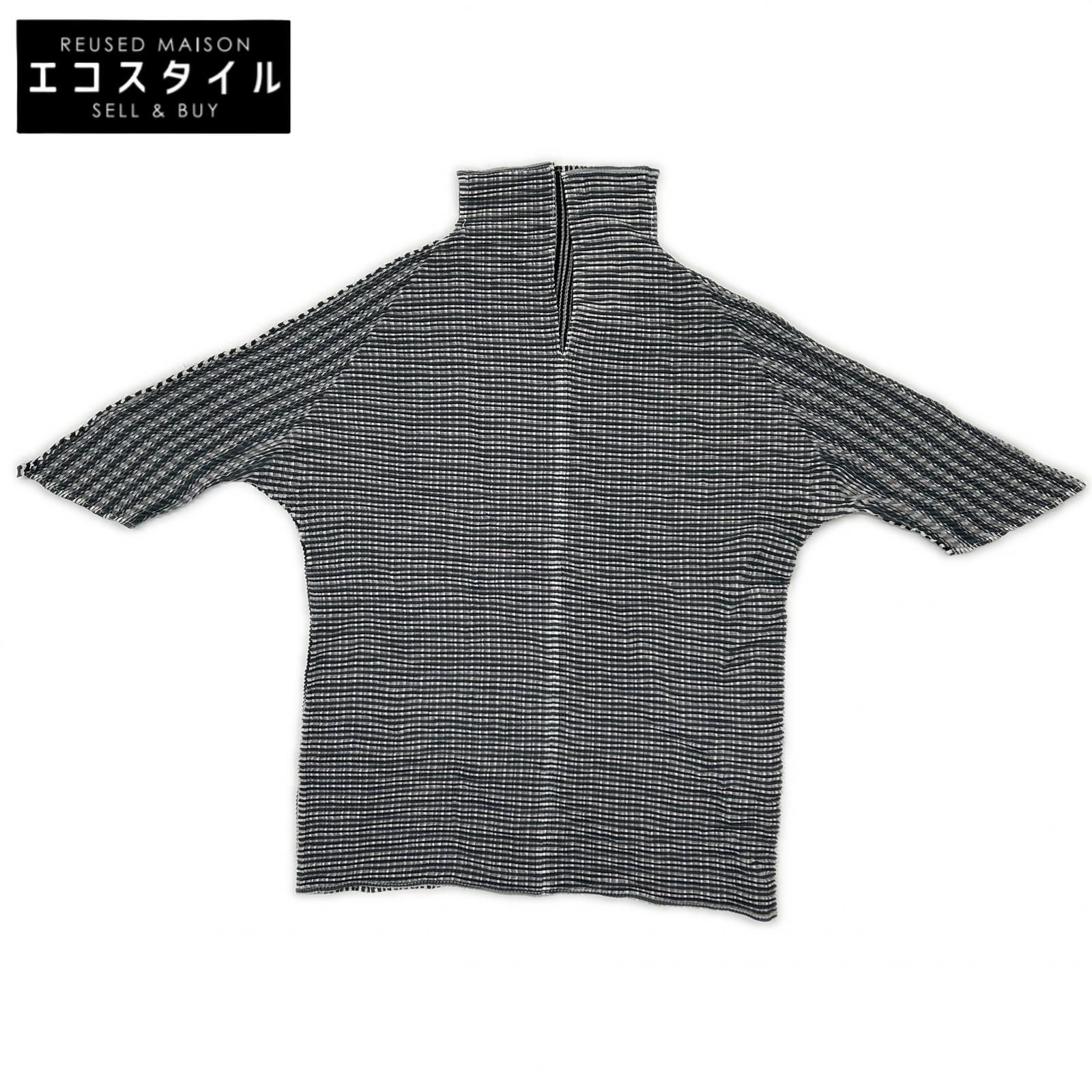 PLEATS PLEASE　プリーツプリーズ　PP16-FJ211 ブラック ストライプ切替モックネックショートスリーブカットソー　3