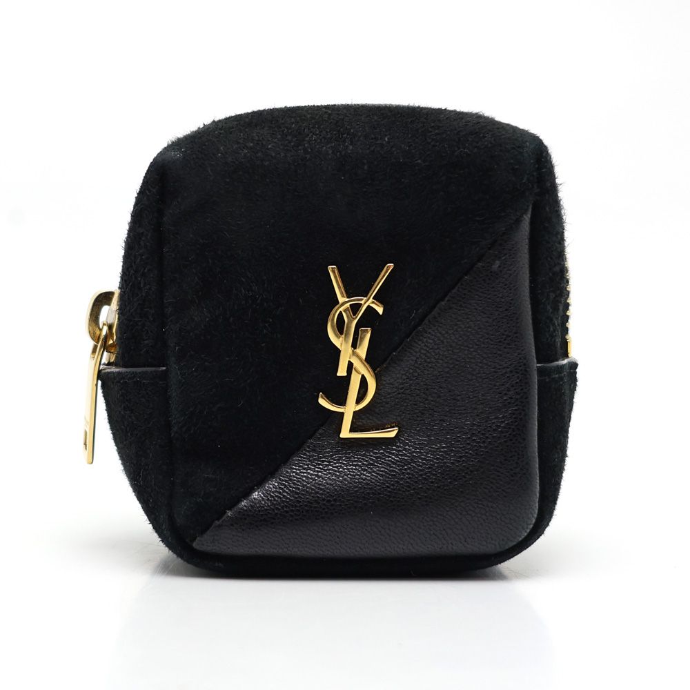 【楠本質店/元住吉】サンローラン/SAINT LAURENT　ジェイミー キューブ チャーム ポーチ　スエード/レザー　ブラック/ゴールド金具【中古】