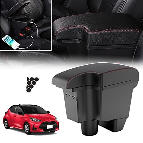 車用アームレスト 新型ヤリス適合 組み立て不要の一体式 車内大容量収納ボックス センターコンソールボックス USB充電ポート付き 二層タイプ 小物入れ Yaris用 R2.2-現行 車種専用設計 長距離運転最適 内装パーツ ブラック/レッドス cd7aeac7