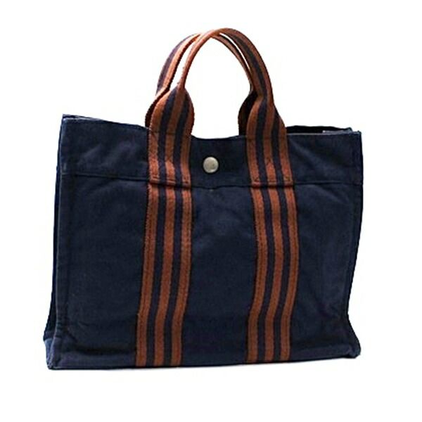 エルメス フールトゥ PM キャンバス トートバッグ ネイビー ブラウン 中古 ABランク HERMES メンズ レディース 男女兼用