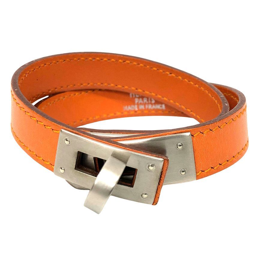 HERMES エルメス レザーブレスレット ケリードゥブルトゥール オレンジ マットシルバー金具 aq13090
