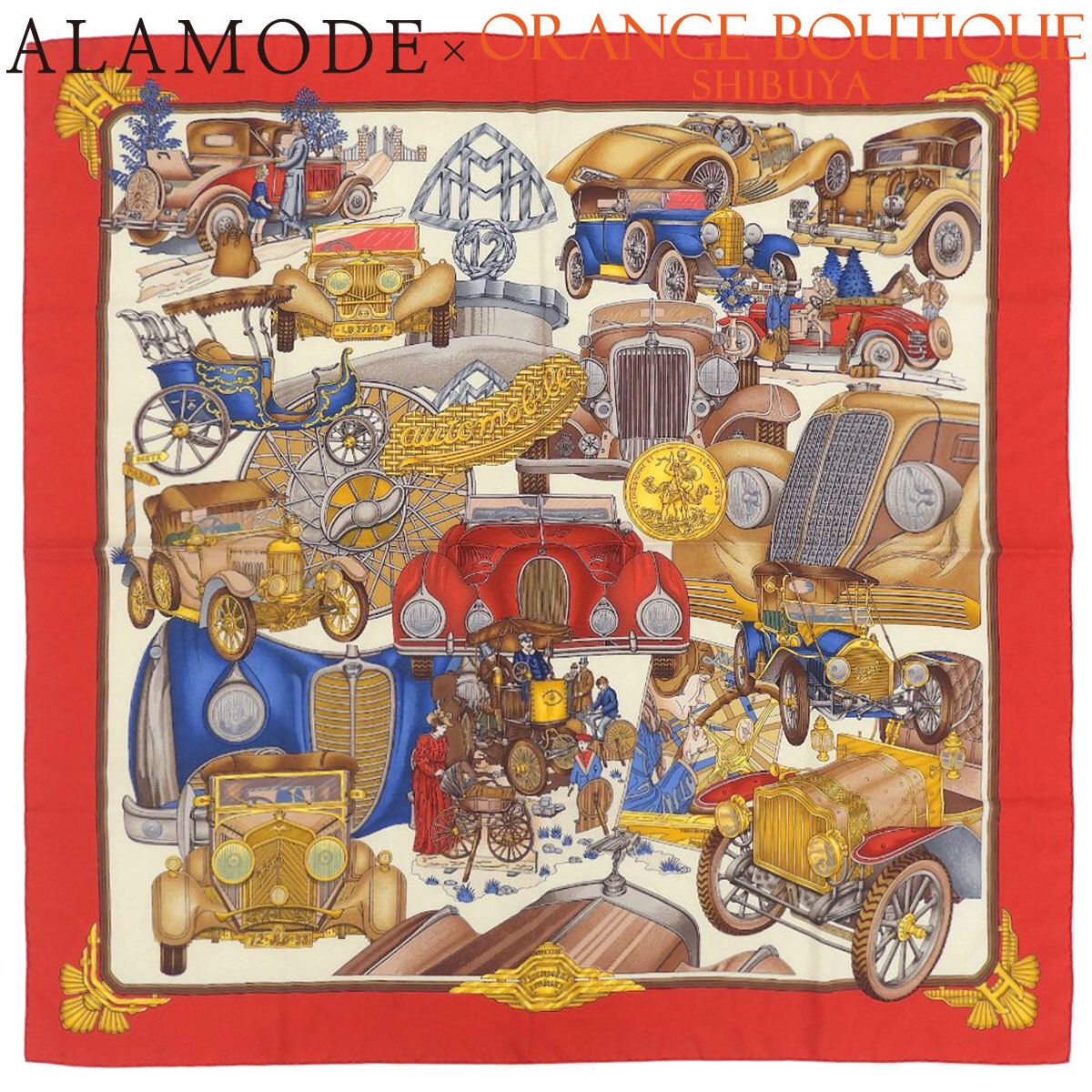 HERMES(エルメス) Automobile オートモービル カレ90 レッド赤 アイボリー シルク スカーフ 大判スカーフ ストール ファッション小物 レディース 40802200584【中古】【アラモード】