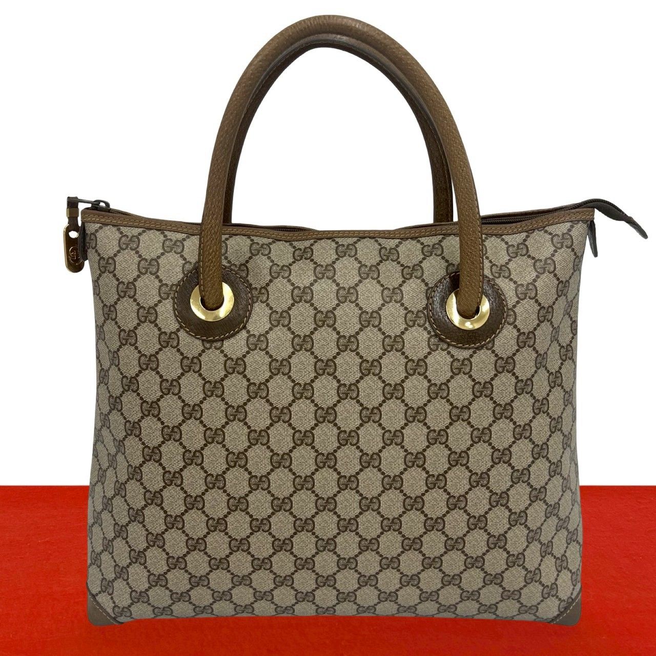 極 美品 GUCCI グッチ オールドグッチ ヴィンテージ GG 柄 ロゴ 金具 レザー 本革 ハンドバッグ トートバッグ ブラウン 茶 98317
