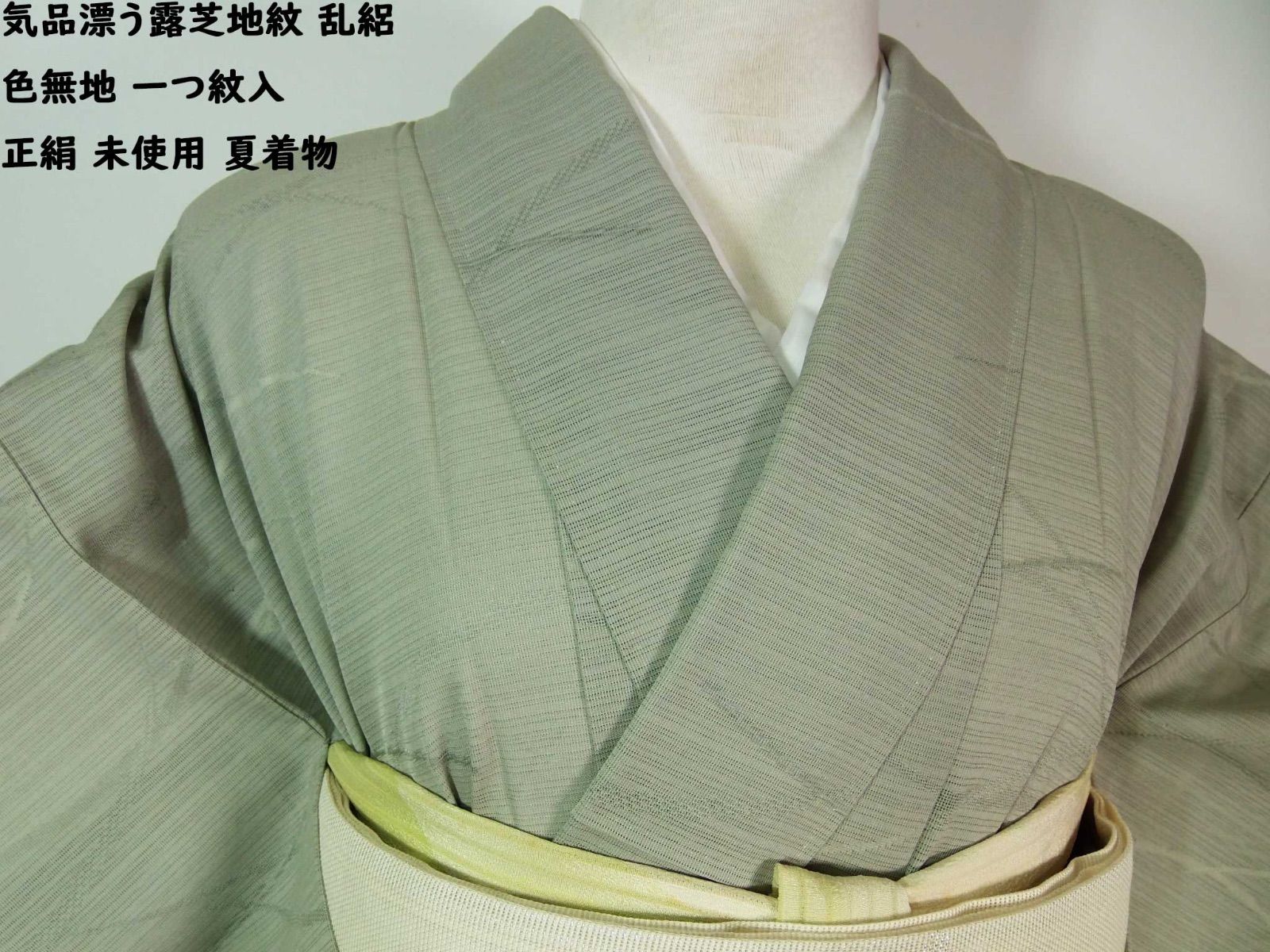 涼風薫る露芝地紋 乱絽 色無地 一つ紋入 正絹 夏着物 未使用 緑帯びたグレー