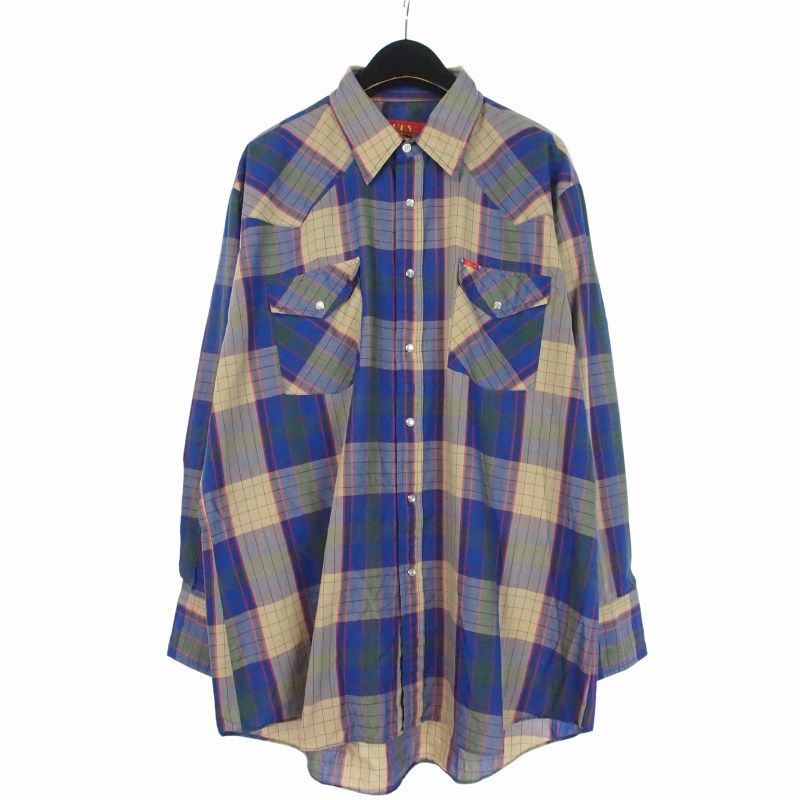ヴィンテージ VINTAGE エリープレインズ ELY PLAINS ウエスタンシャツ パール調スナップボタン タータンチェック 長袖 ブルー × ベージュ