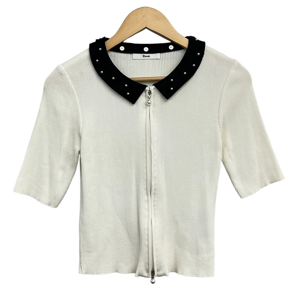 Rene(ルネ) 半袖シャツブラウス サイズ38 M レディース美品 - 白×黒 パール/ジップアップ