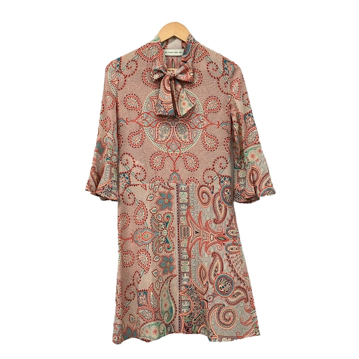 ETRO(エトロ) ワンピース サイズ38 S レディース - オレンジ×ライトブルー×マルチ ボウタイ/長袖/ひざ丈/ペイズリー柄/花柄
