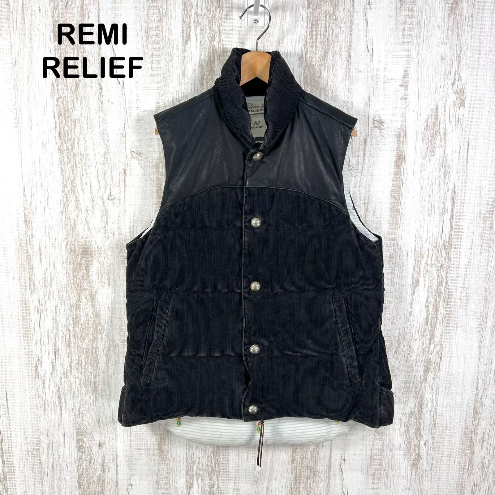 REMI RELIEF レミレリーフ カウレザー コーデュロイ ダウンベスト ブラック