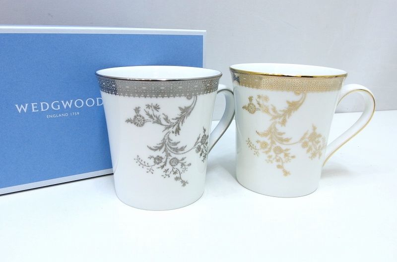 【232940】WEDGWOOD ウェッジウッド ヴェラ・ウォン ヴェラ レース マグペア マグカップ 2個セット VERA WANG ゴールド×プラチナ
