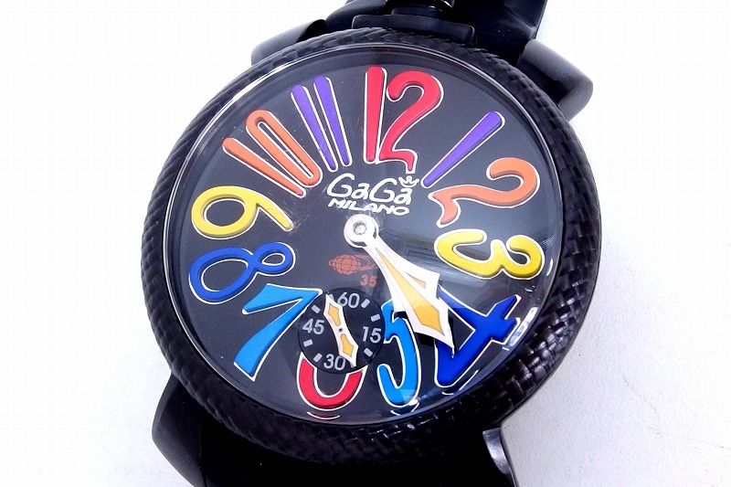 【232933】GaGa MILANO ガガミラノ Manuale マヌアーレ 48mm 腕時計 黒文字盤 手巻き SS 裏スケ ラバーベルト