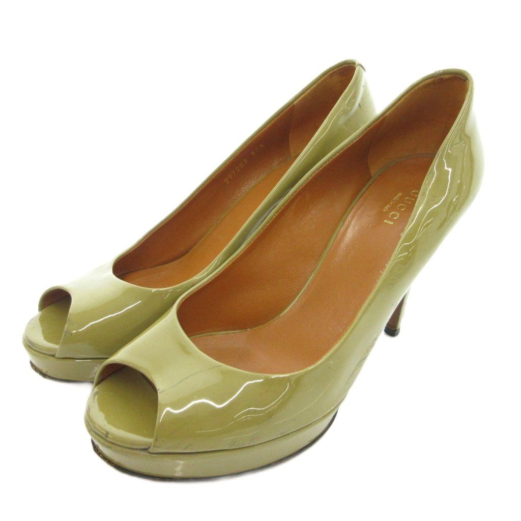 GUCCI グッチ ミッドヒール エナメルパンプス グッチ GUCCI パンプス ヒール エナメル 37.5 オリーブ オープントゥ