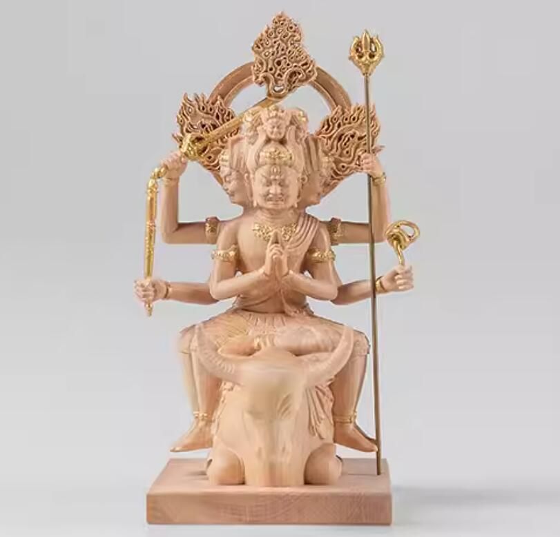 新品木彫りの仏像【大威徳明王(だいいとくみょうおう)五大明王之一】柘植 金泥仕様 高さ10cm (大威徳明王)