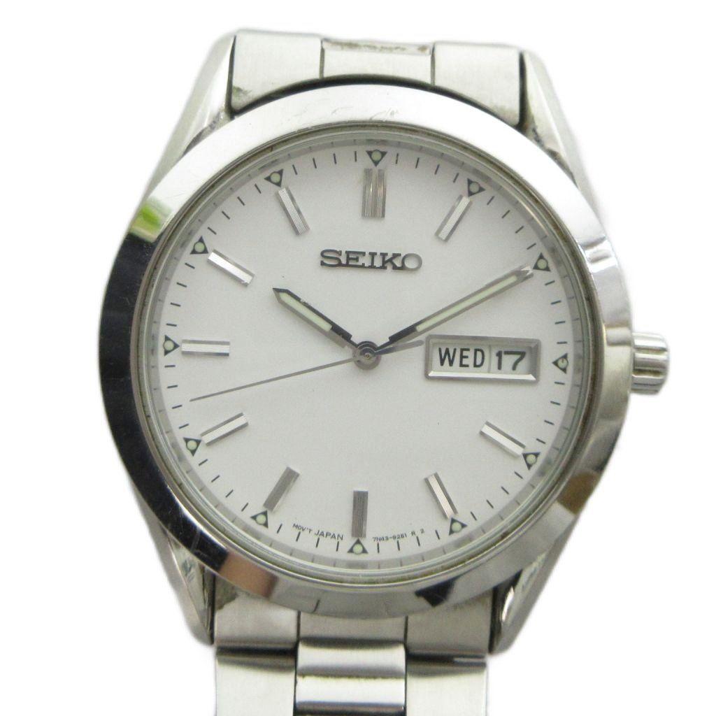 セイコー SEIKO 7N43-9070 腕時計 クォーツ ウォッチ カレンダー付き ロゴ 白文字盤 シルバー色 ■GY11 /MQ