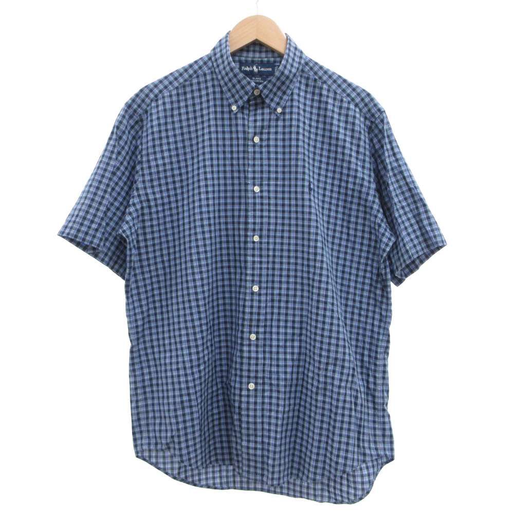 ラルフローレン RALPH LAUREN 美品 ボタンダウンシャツ L 青 ブルー チェック柄 半袖 ロゴ刺繍 /SD ■GY50