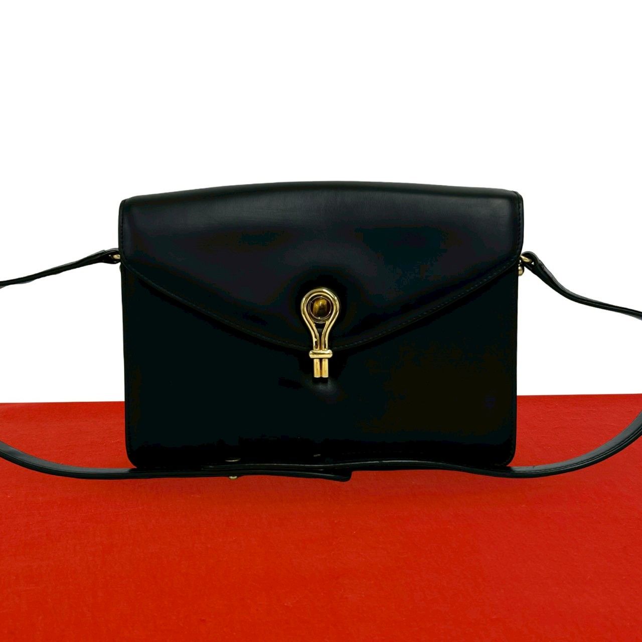 極 美品 希少品 GUCCI グッチ タイガーアイ 金具 カーフ レザー 本革 セミ ショルダーバッグ ハンドバッグ ブラック 黒 39485