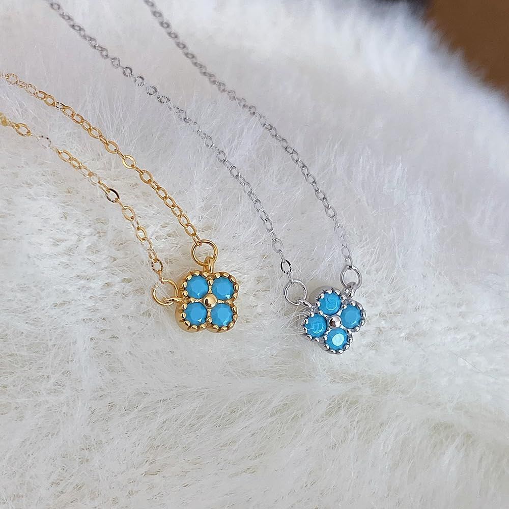 198Nk【花モチーフ】ターコイズネックレス 4つ葉 華 S925 K18コート 