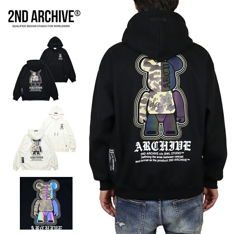 セカンドアーカイブ パーカー 2ND ARCHIVE プルオーバーパーカー フーディ トップス メンズ レディース ブランド 大きいサイズ おしゃれ おすすめ 人気 レインボー 光るリフレクター ラビット 黒 2nd003