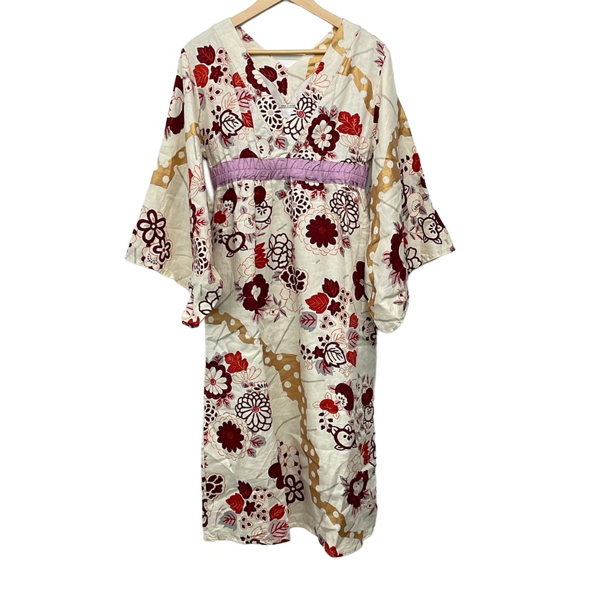 SOU・SOU(ソウソウ) ワンピース サイズS レディース美品 - アイボリー×ボルドー×マルチ 長袖/ロング/花柄 10,650円