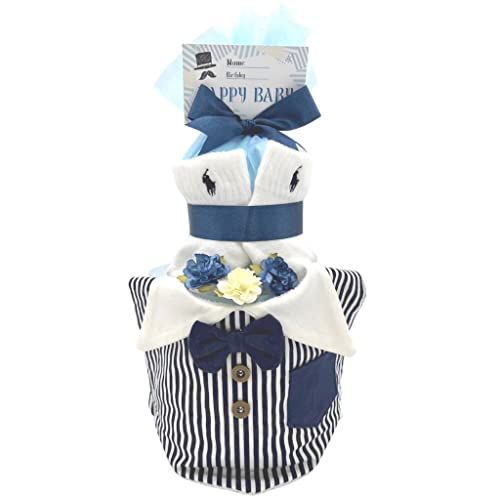 [enicy] おむつケーキ ラルフローレン 出産祝い 2段 ギフトセット (ラルフ男の子スタイル,お出かけスタイ おむつMサイズ,パンパース12枚)e